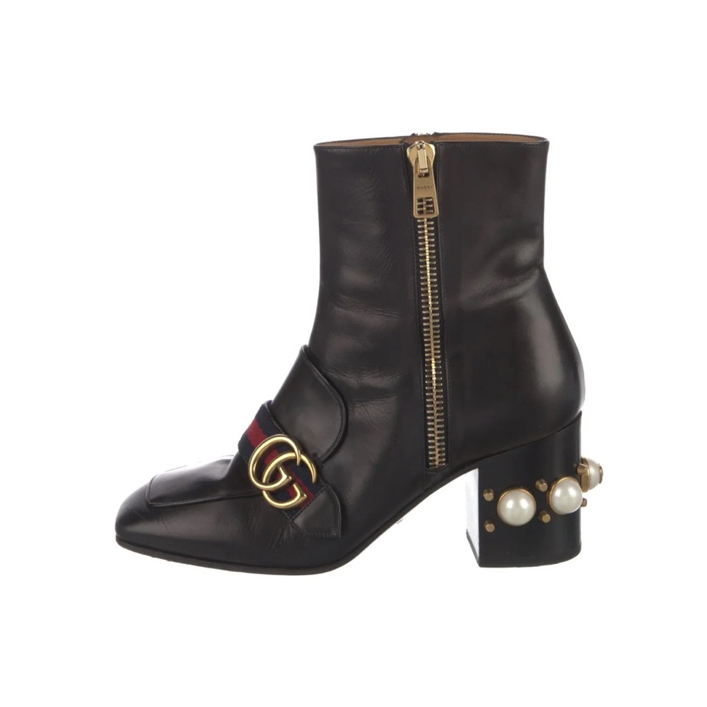 Gucci Black Ankle Boots with Gold and Pearl Details